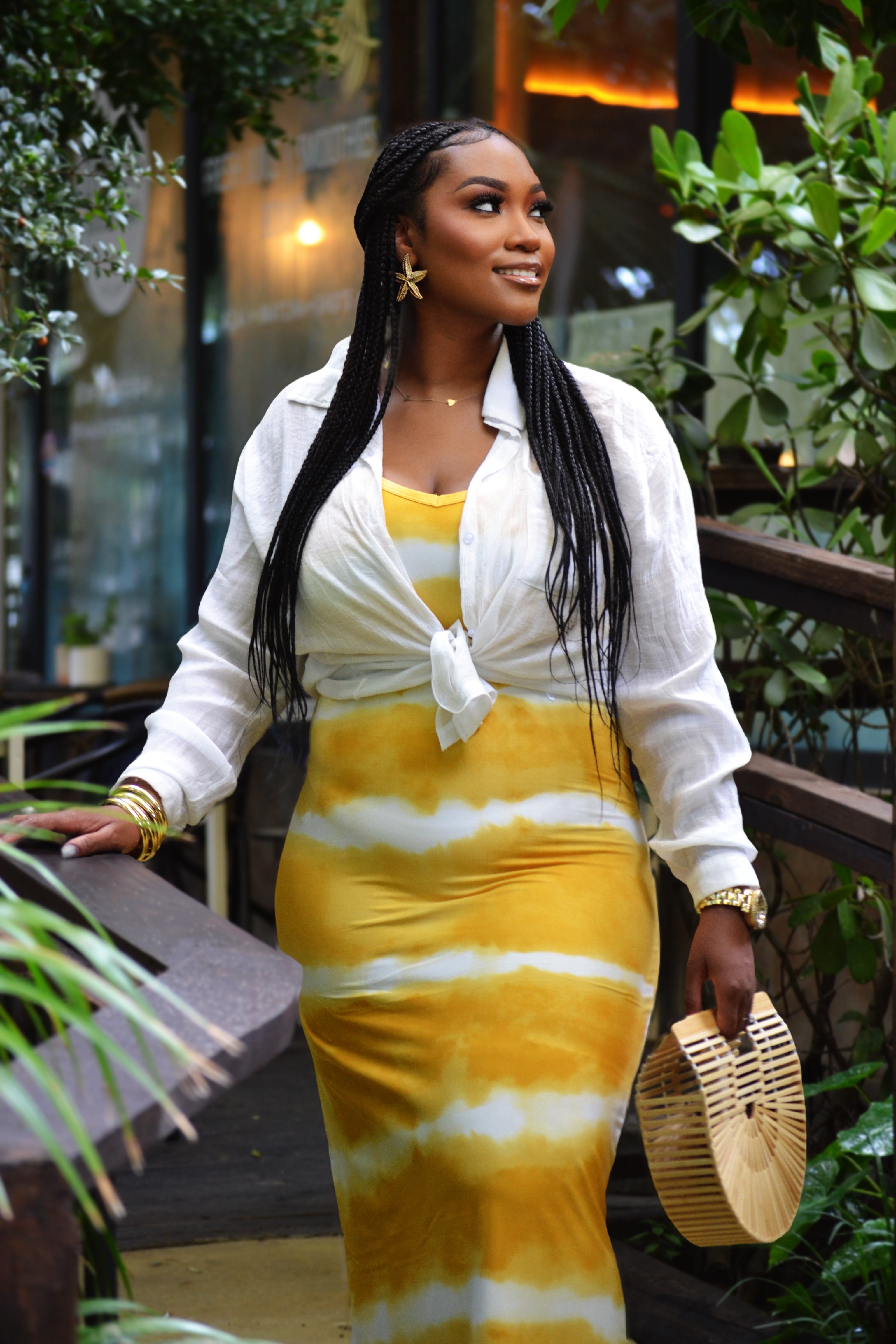 yellow tie dye maxi dress Dera Fabric Maxi Dress, Yellow Tie-Dye, Strappy Plunge Back, Viscose Beach Gown with inbuilt boob support